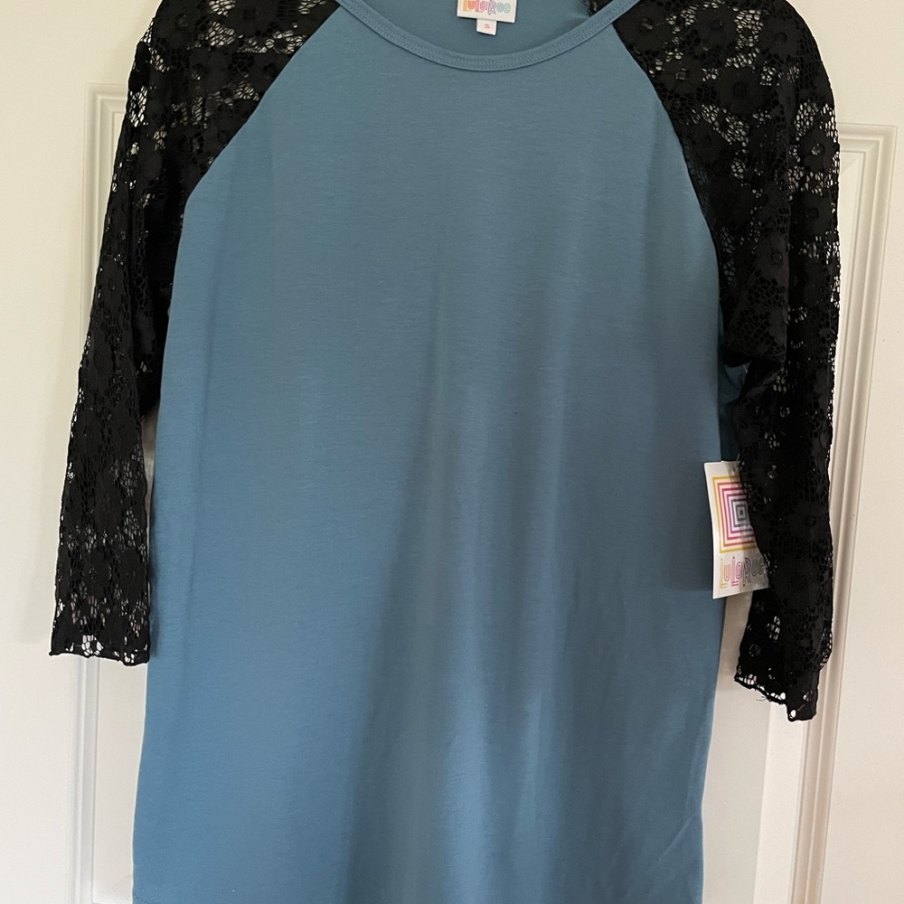LuLaRoe Teal Top with Black Lace Sleeves